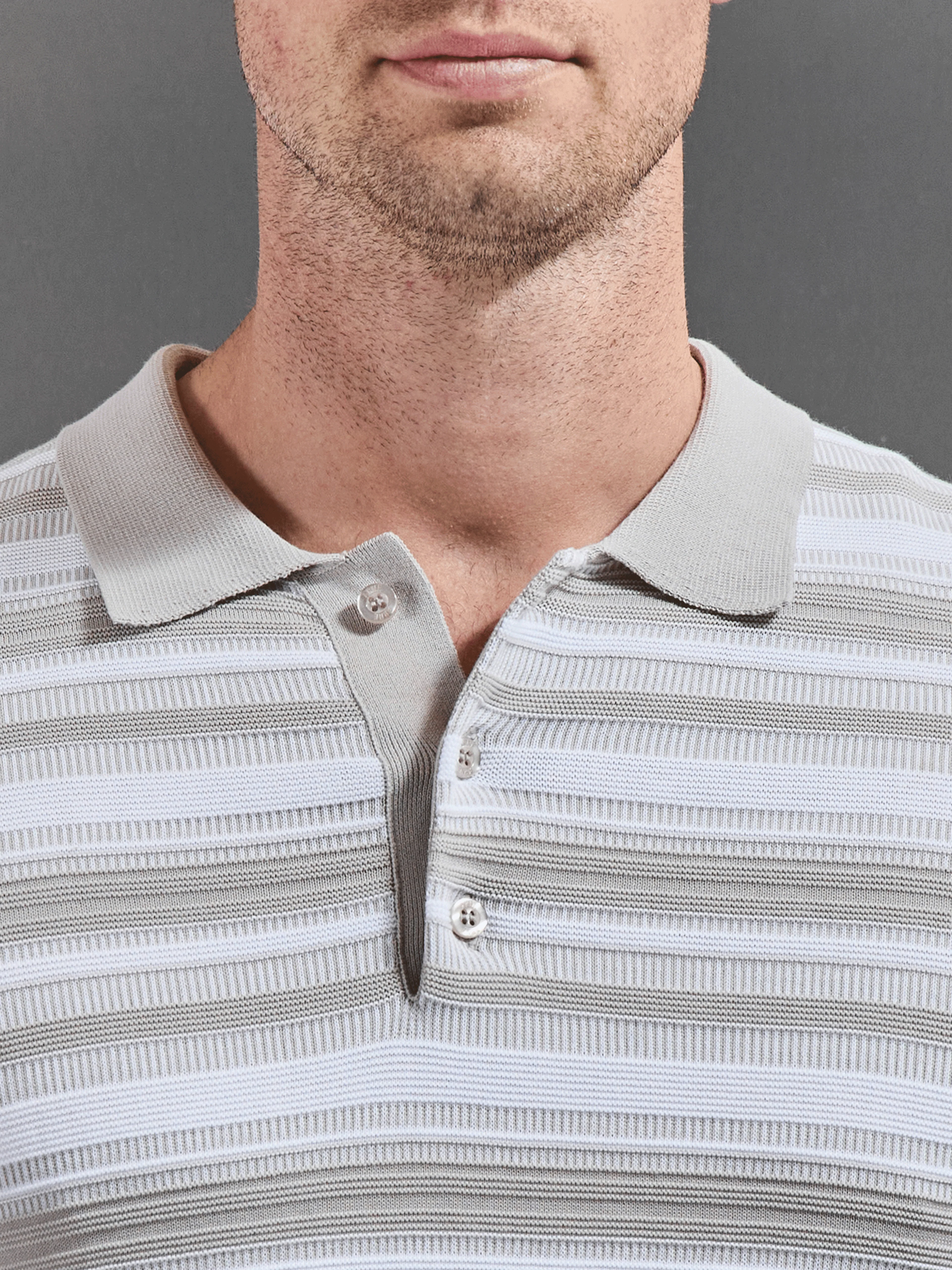 Bellano Knitted Textured Stripe Polo Shirt in Stone - Image 3
