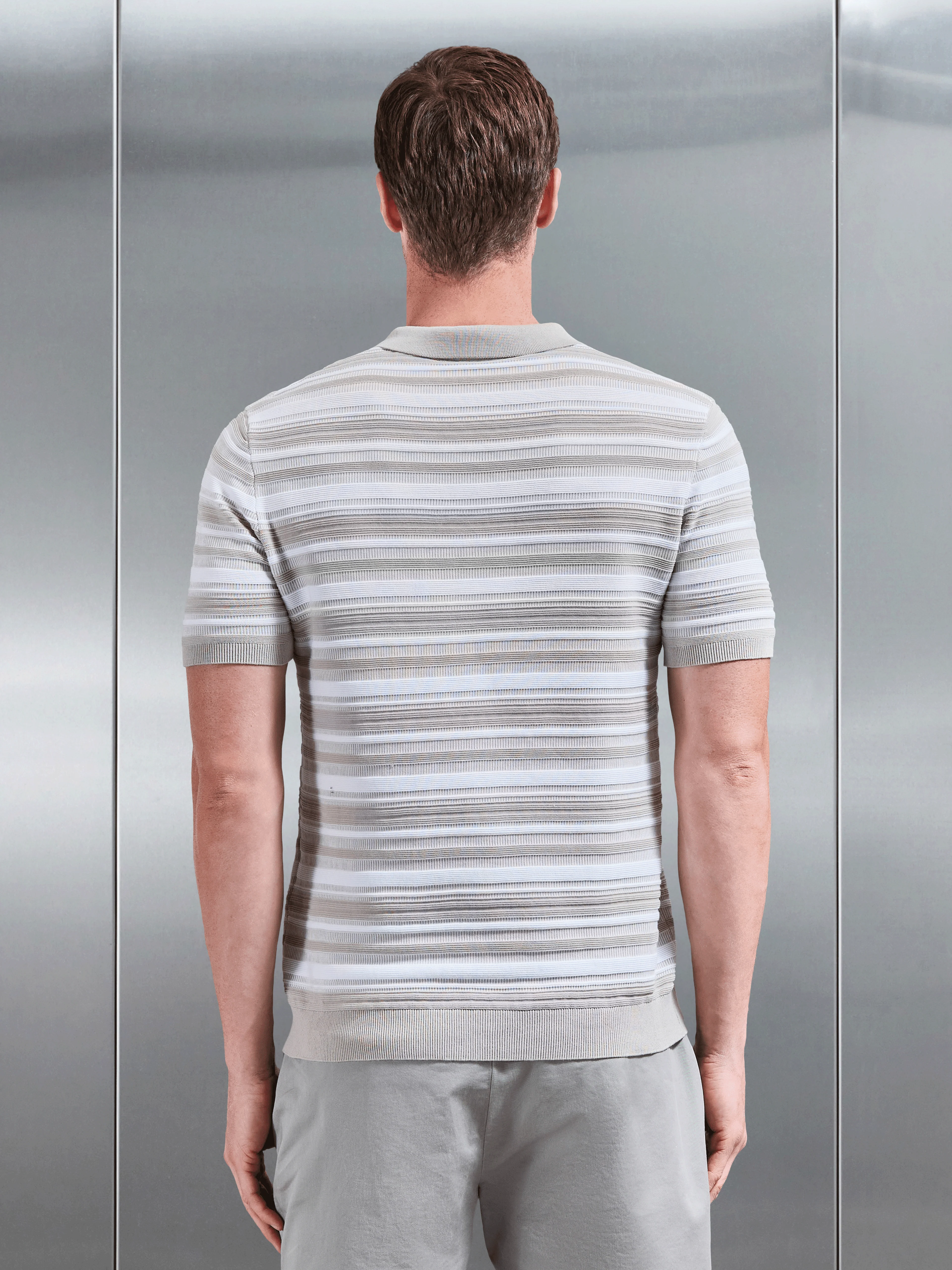 Bellano Knitted Textured Stripe Polo Shirt in Stone - Image 4