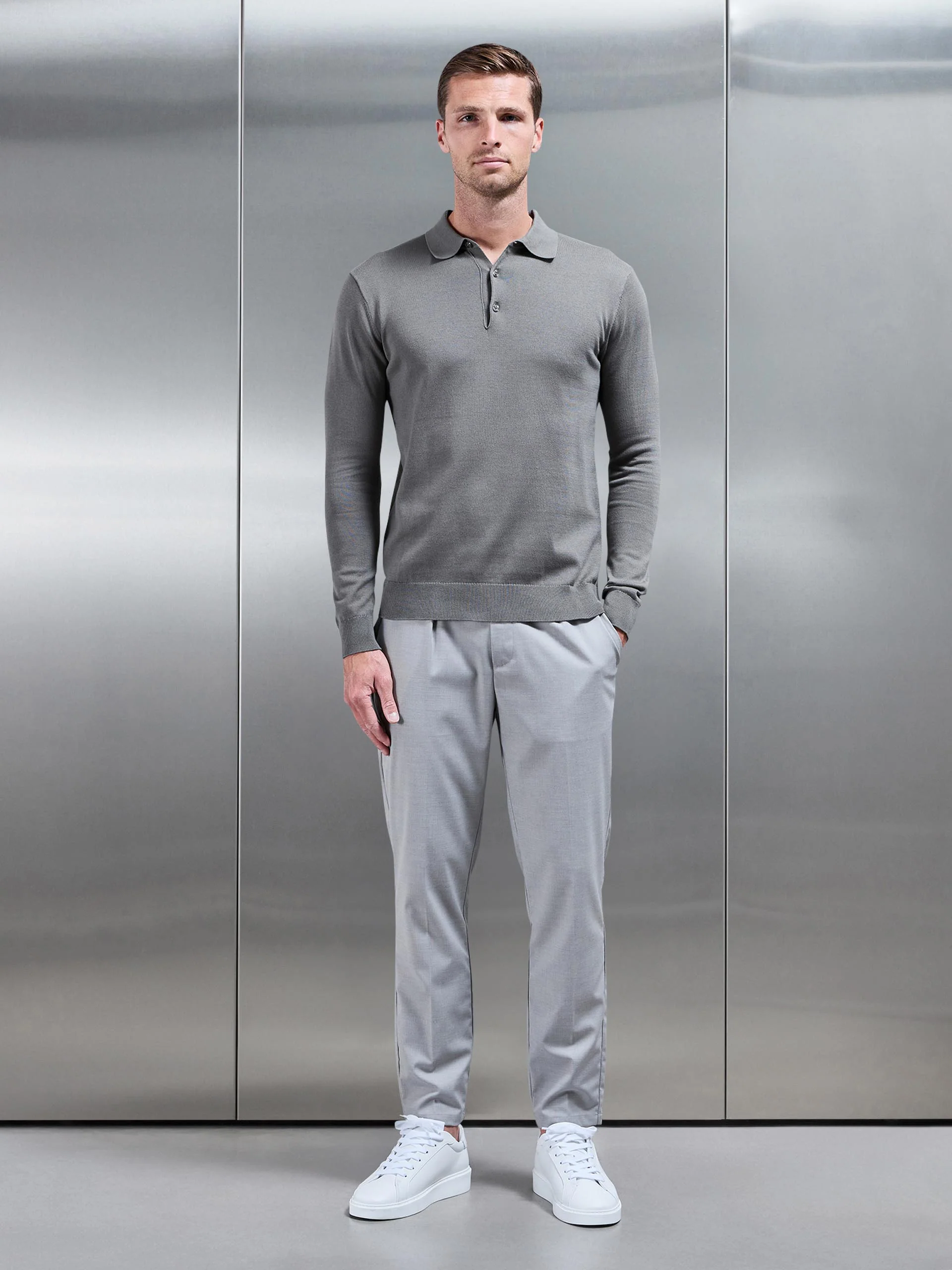 Cotton Knitted Long Sleeve Button Polo Shirt in Sage - Image 2