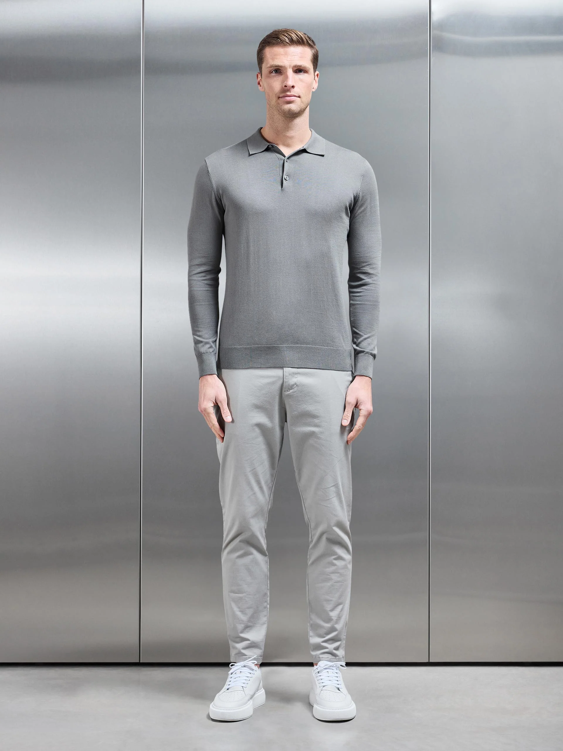 Cotton and Silk Long Sleeve Button Polo Shirt in Sage - Image 2