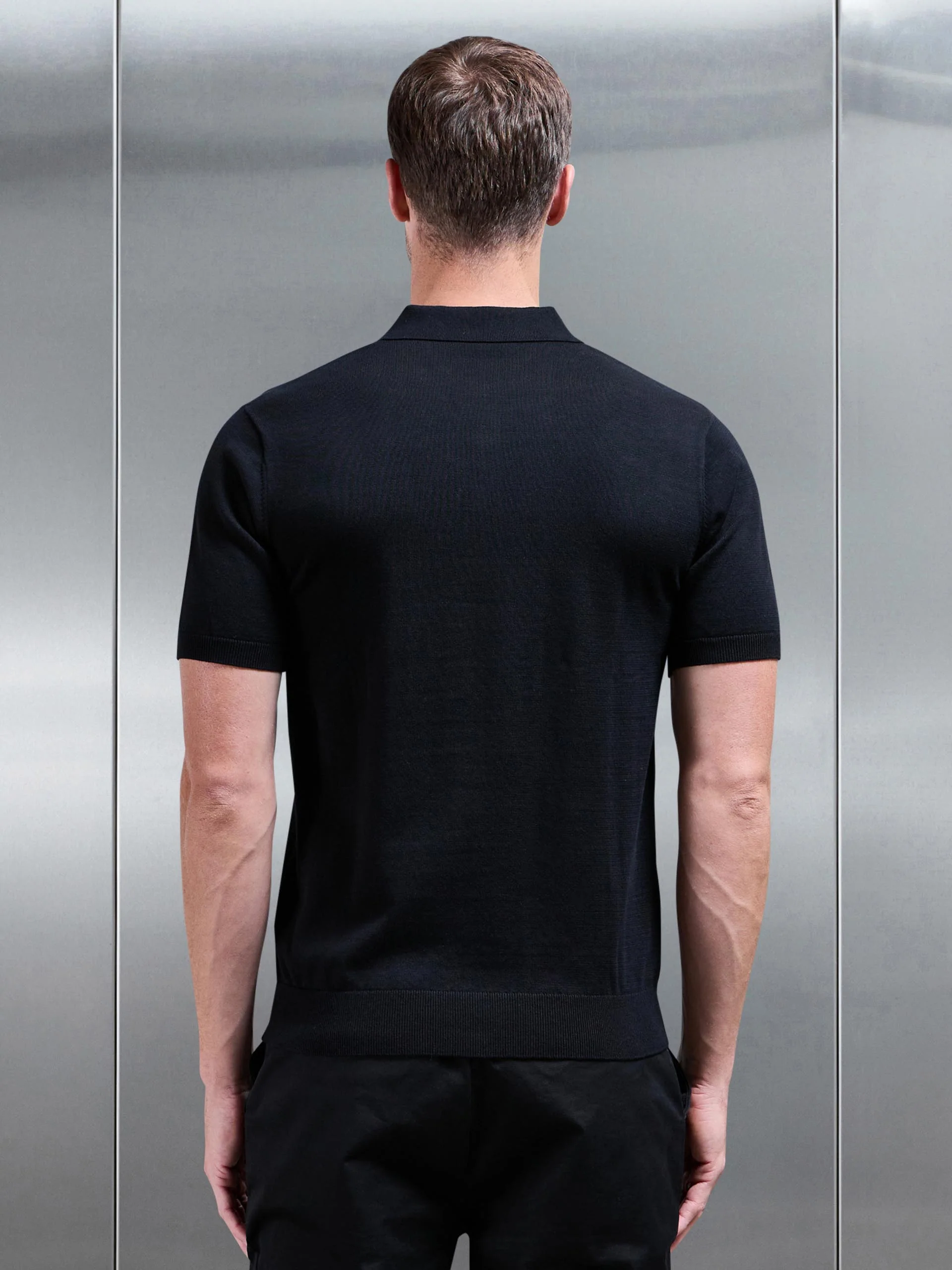 Knitted Button Polo Shirt in Black - Image 3