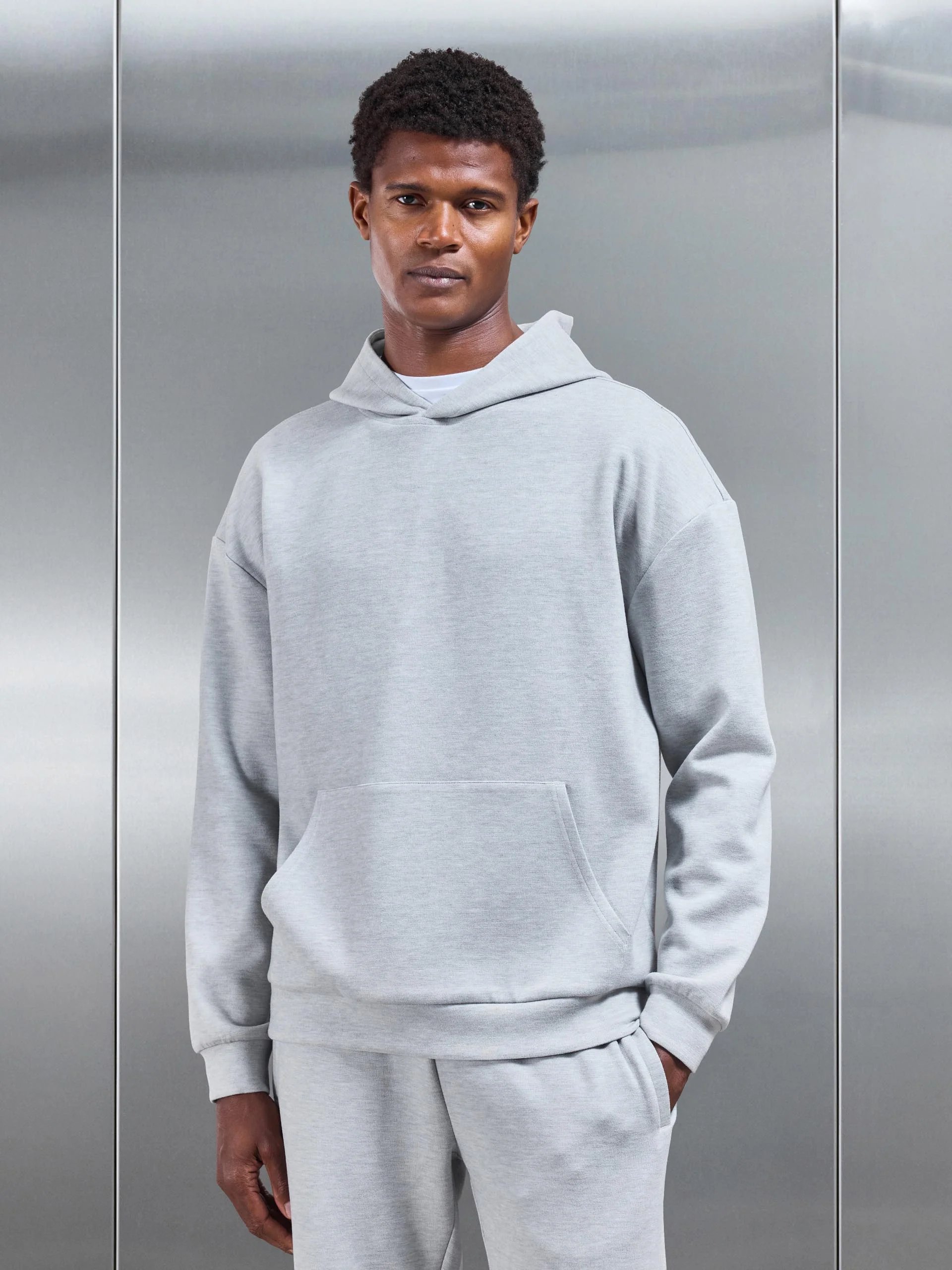 Relaxed Fit Knitted Hoodie in Marl Grey