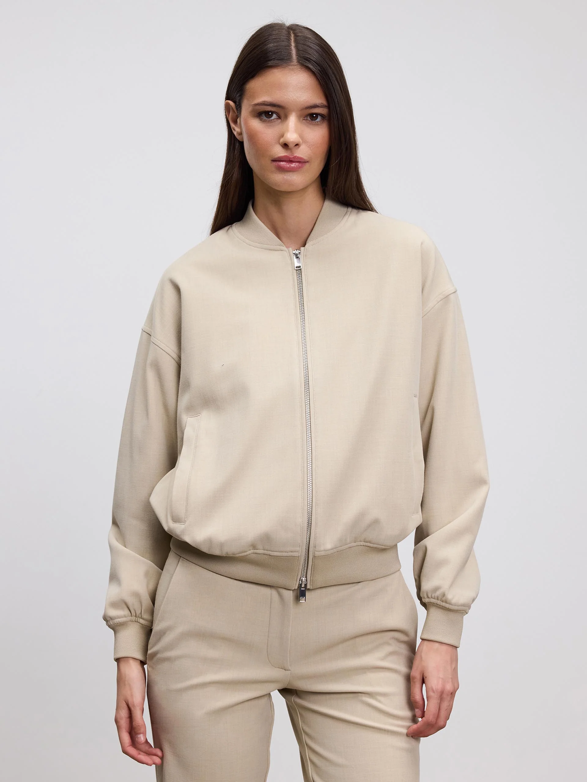 Womens Smart Bomber Jacket in Stone - Image 4