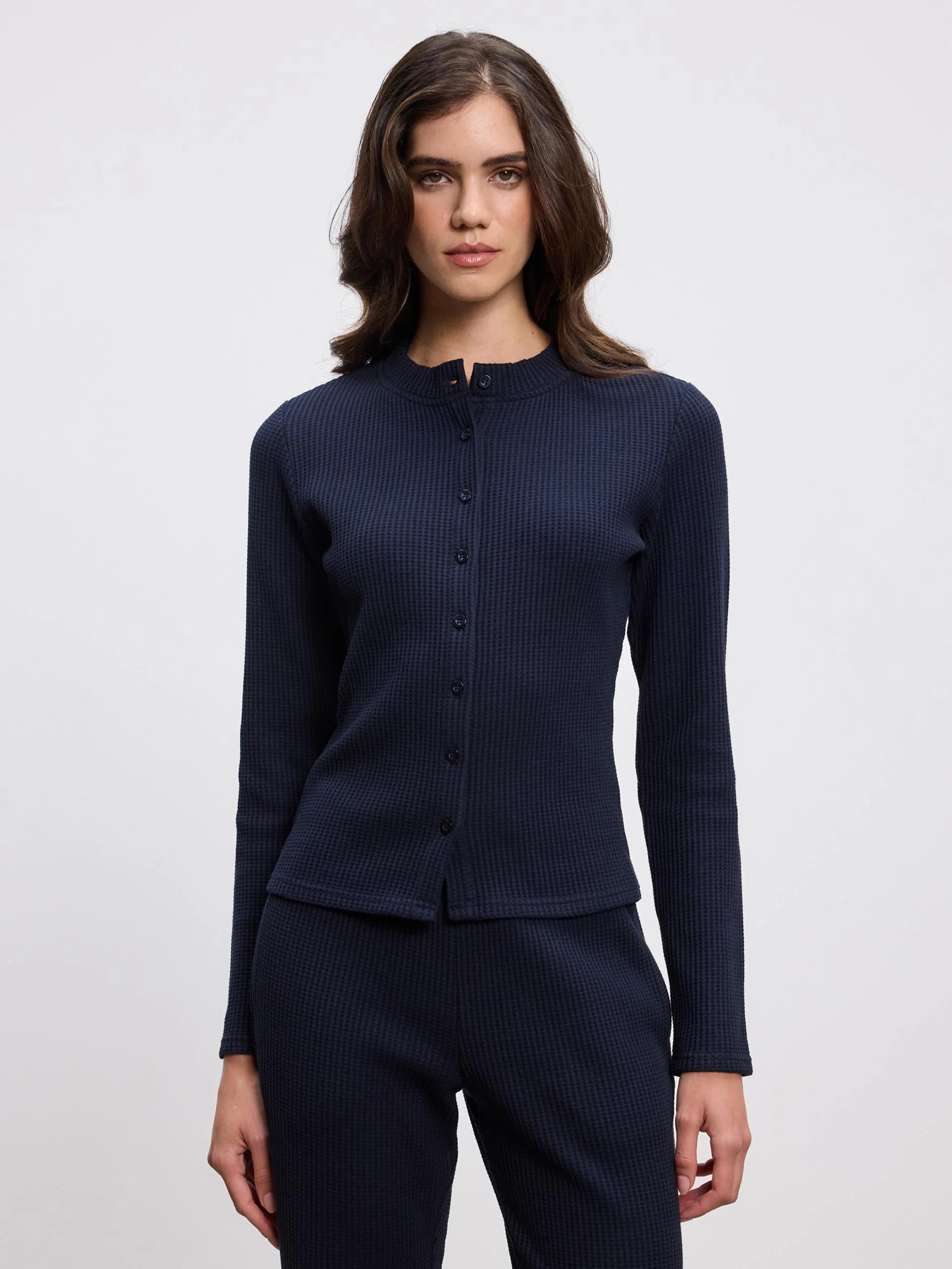 Womens Waffle Button Through Cardigan in Navy - Image 6